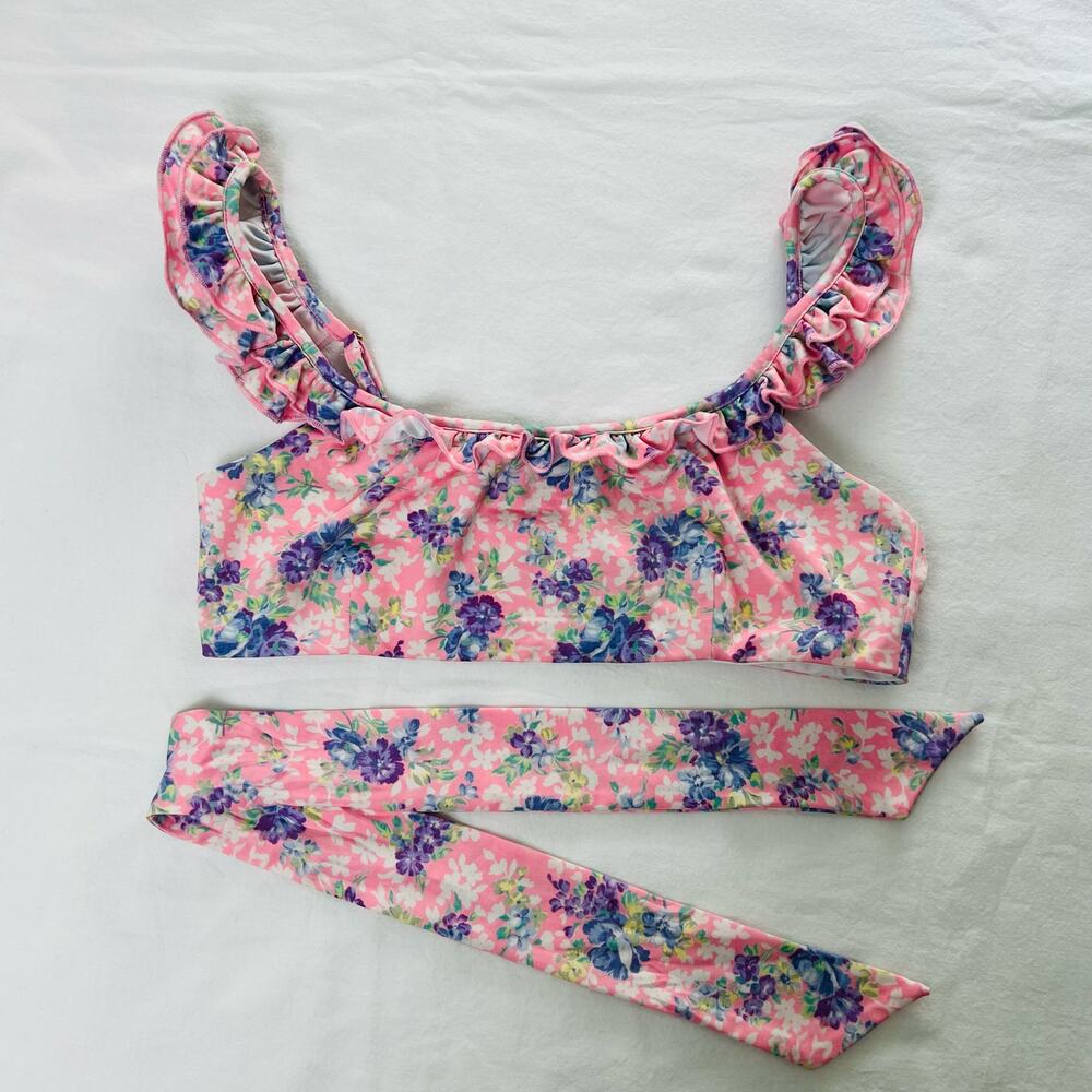 Love Shack Fancy Swim Palm Floral Ruffle Pink Bikini Top Sz Small Girly Coastal - Picture 4 of 12